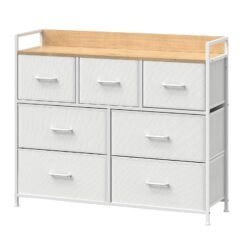 Dresser Cabinet with 7 Fabric Drawers, Metal Frame, Storage Organizer for Bedroom, White and Beige