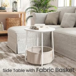 Side Table, Round End Table with Fabric Basket, for Living Room Bedroom