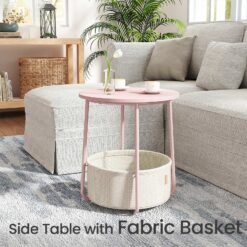 Side Table, Round End Table with Fabric Basket, for Living Room Bedroom
