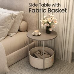 Side Table, Round End Table with Fabric Basket, for Living Room Bedroom
