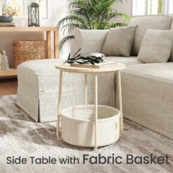 Side Table, Round End Table with Fabric Basket, for Living Room Bedroom