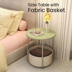 Side Table, Round End Table with Fabric Basket, for Living Room Bedroom