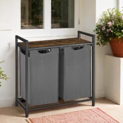 2-Section Laundry Hamper with Removable Bags, Laundry Basket with Shelf for Bedroom, 2 x 46 L, Brown and Grey