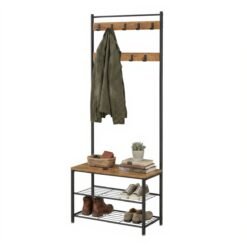 Hallway Coat Rack Stand, Hall Tree with Shoe Storage Bench, 32 x 70 x 175 cm, Industrial, Rustic Walnut and Black