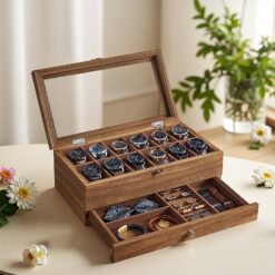 12-Slot Watch Box Organiser, 2-Layer Wood Watch Case with Glass Lid, Jewellery Storage, Gift Idea, Rustic Walnut Color