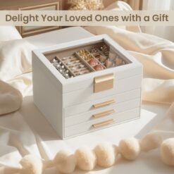 Jewellery Box with Glass Lid, 4-Layer Jewellery Organiser with 3 Drawers, Jewellery Storage