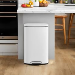 Waste Bin 50L, Steel Rubbish Bin with Inner Bucket, Step-On Pedal, Soft Close, for Kitchen, White