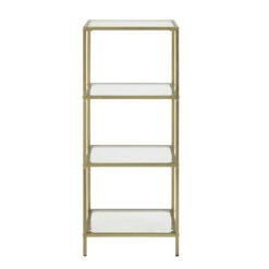 Bookcase, Tempered Glass Shelving Unit, Bookshelf with Steel Frame, 4-Tier Shelf for Living Room Study Bathroom, Gold
