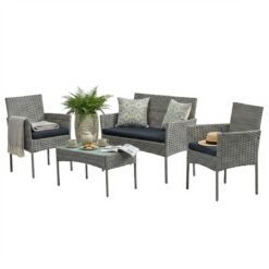 Patio Conversation Set, 4-Piece Rattan Lounge Furniture with Table and Chairs