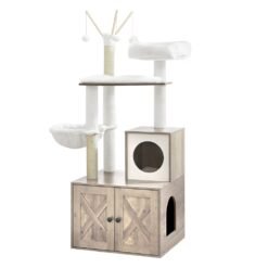 Cat Tree with Litter Box Furniture Hidden Enclosure, Modern Tower with Scratching Posts