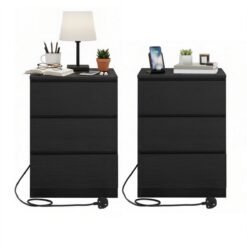 Set of 2 Side End Tables, Modern Bedside Table with 3 Drawers and Charging Station, Black