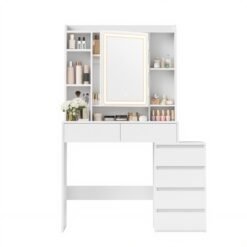 LED Dressing Table with Mirror, Ample Storage and Adjustable Shelves, Modern White Vanity Desk