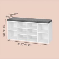 Entryway Storage Bench with Cushion, 10-Compartment Shoe Organizer, 104 x 30 x 48 cm, White