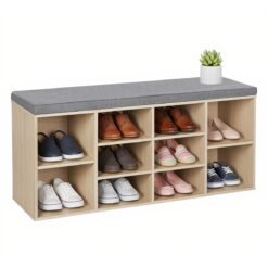 Entryway Storage Bench with Cushion, 10-Compartment Shoe Organizer, 104 x 30 x 48 cm, Oak Colour