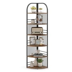 6-Tier Corner Shelf Tall Freestanding Corner Bookshelf with Heavy-duty Metal Frame-Brown