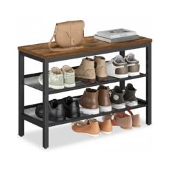 3 Tier Shoe Rack Bench 28 x 75 x 50 cm with Raised Edges Rustic Brown and Matte Black