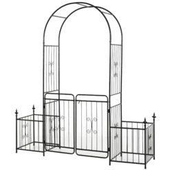 Outsunny Metal Garden Arbor Arch with Double Doors, 2 Side Planter Baskets, Climbing Vine Frame, Black