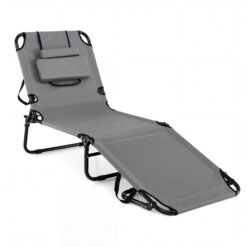 Folding Beach Sun Lounger Adjustable Face Down Tanning Chair with Face Hole and Removable Pillows-Grey