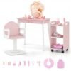 Kids Hair Salon Play Set with LED Lighted Mirror Wooden Pretend Hair Salon Station-Pink