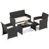 4 Piece Patio Rattan Conversation Set Wicker Loveseat Armchairs-White