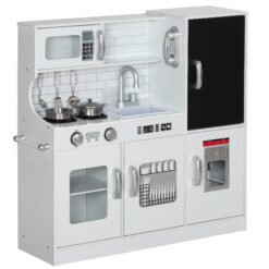AIYAPLAY Pretend Play Kitchen, Kids Kitchen Playset, with Toy Phone, Chalkboard, Microwave, Cooking Stove, Sink, White