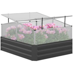 Outsunny Galvanised Raised Garden Bed, Outdoor Planter Box with Greenhouse and Cover for Vegetables, Flowers, Dark Grey