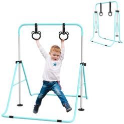 HOMCOM Adjustable Height, Foldable Kids Gymnastics Bar w/ Non-slip Rubber Floor Rings, for 3+ Years, Green