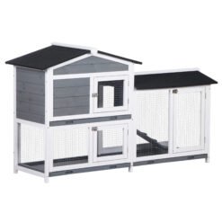 PawHut Wooden 2-Tier Rabbit Hutch w/ Tray Ramp Grey
