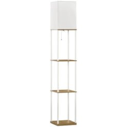HOMCOM Modern Metal Floor Lamp with Shelves, 3 Layer Shelf Tall Standing Lamp with Fabric Lampshade, Pull Chain Switch for Living Room, Bedroom, Bulb not Included, White