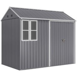 Outsunny 8 x 6 ft Galvanised Garden Shed, Outsoor Metal Storage Shed with Double Doors Window Air Vents, Grey