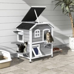 PawHut 2-story Cat House Outdoor, Weatherproof Wooden Cat Enclosure with Escape Door, Openable Roof, Jumping Platforms, Grey