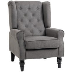 HOMCOM Wingback Accent Chair, Snow Flannel Armchair with Thick Spring Cushion, High Back, Solid Wood Legs, Retro Button Tufted Reading Chair for Living Room, Bedroom, Dark Grey