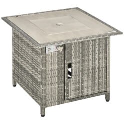 Outsunny 14.5 KW Rattan Gas Fire Pit Dining Table with Rain Cover, Wind Guard, Lid, Lava Rocks, Grey
