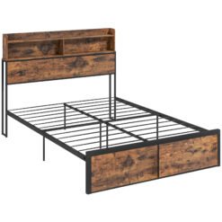 HOMCOM Industrial Double Bed Frame with Storage Headboard & Under-Bed Space  Robust Steel Base, 4.8 ft Double Bed, Rustic Brown
