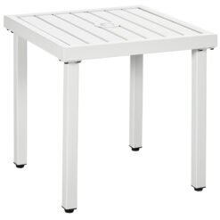 Outsunny Garden Side Table End Table Patio Coffee Table with Umbrella Hole, Steel Frame for Balcony, White
