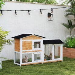 PawHut Rabbit Hutch Guinea Pig Hutch Wooden House with Run, 2 Tier Pet Cage Outdoor with No-leak Plastic Trays, 157.4 x 53 x 93.5cm, Yellow