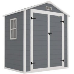 Outsunny 6x4.5ft Garden Storage Shed, Lockable Shed for Small Terraced Gardens with Double Doors, Window, Vent and Plastic Roof, Low Maintenance, Grey