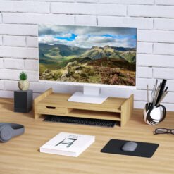 HOMCOM Monitor Riser Laptop PC Plinth Stand TV Computer Desktop Organiser W/ Drawer Bamboo