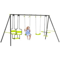 Outsunny Metal Garden Swing Set with Double Swings, Glider, Swing Seats - Green