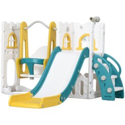 AIYAPLAY 6-in-1 Swing and Slide Set, Kids Playground with Basketball Hoop, Telescope, Storage Space - Yellow