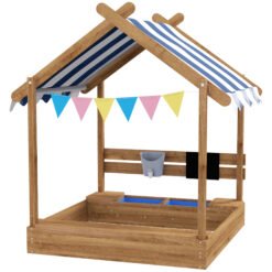 Outsunny House-Designed Wooden Sandbox, Outdoor Sandpit, with Blackboard, Toys, Sink, Seats, Flags, for Ages 3-7 Years - Brown