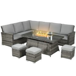 Outsunny All-Season Fire Pit Patio Furniture Set Wicker Sofa Set With 50000 Btu Fire Table For Outdoor Gatherings - Grey