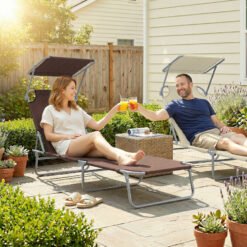 Outsunny Folding Sun Lounger with Canopy, Reclining Sunbed with 4-Position Adjustable Backrest, 600D Oxford Cloth, Portable Garden Lounger Recliner Chair for Beach, Camping, Patio, Brown