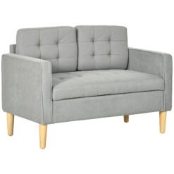 HOMCOM 2 Seater Storage Sofa, Fabric Couch with Hidden Under Seat Storage, Thick Cushions, Compact Space Saving Settee with Rubberwood Legs for Living Room, Apartment, Light Grey