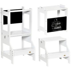 HOMCOM 2 in 1 Kids Kitchen Step Stool with Safety Rail Toddler Steps with Chalkboard for Kitchen Bathroom, White