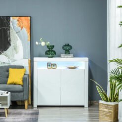 HOMCOM 2-Door Sideboard with LED Light, High Gloss Lighted Storage Cabinet with Shelves and Open Compartment, Modern Kitchen Sideboard for Dining Room, Living Room, 107 x 35 x 97cm, White