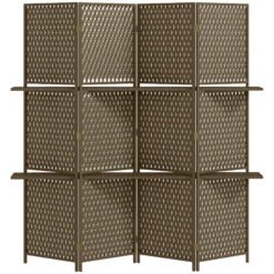 HOMCOM 4-Panel Room Dividers with Shelves, Wave Fibre Freestanding Folding Privacy Screen Panels, Partition Wall Divider for Indoor Bedroom Office, 180 cm, Brown