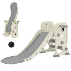 AIYAPLAY 3 in 1 Kids Slide with Climber, Basketball Hoop and Ball, Foldable Indoor Toddler Slide for Ages 2-5, Cream White