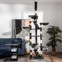 PawHut Floor-to-Ceiling Cat Tree for Indoor Cats, 240-260cm Adjustable Cat Tree - White