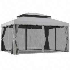 Outsunny 3 x 4m Aluminium Garden Gazebo, Marquee Canopy Shelter Pavilion Party Tent with Nets and Curtains for Garden and Deck, Light Grey